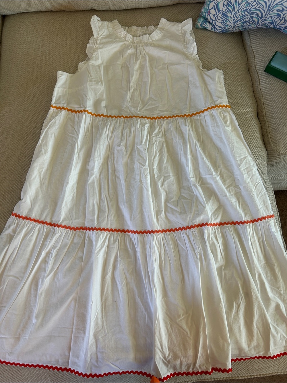 NWOT J. Crew White Cotton Tiered Dress with Orange & Ref Trim